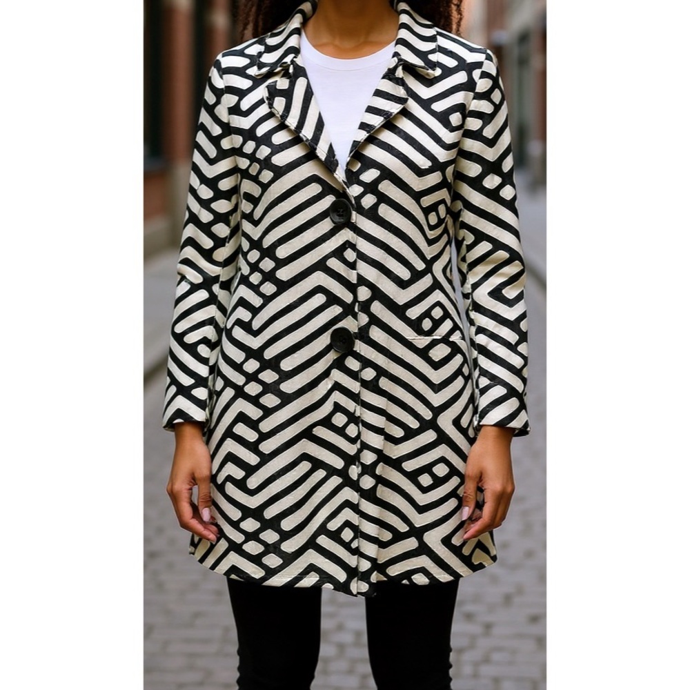 Joseph Ribkoff Size 14 Black & White Geometric Leatherette Mesh Collared Jacket